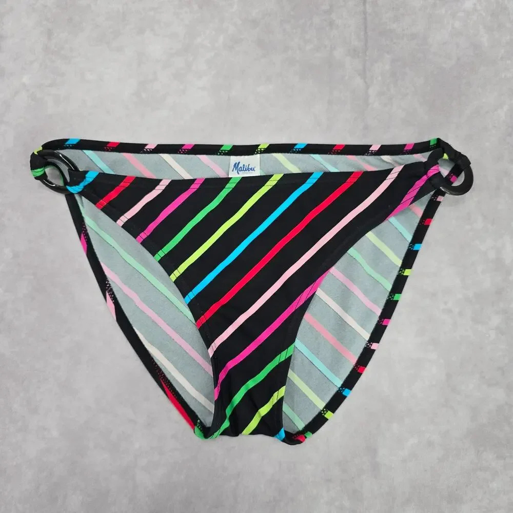 Malibu Dream‎ Girl Black Red Pink Stripe Cheeky Bikini Bottom Swimwear M Medium